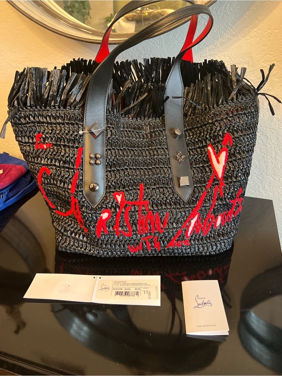Christian Louboutin Handbags - Christian Louboutin Black Woven Straw Tote with Red Script Embroidery